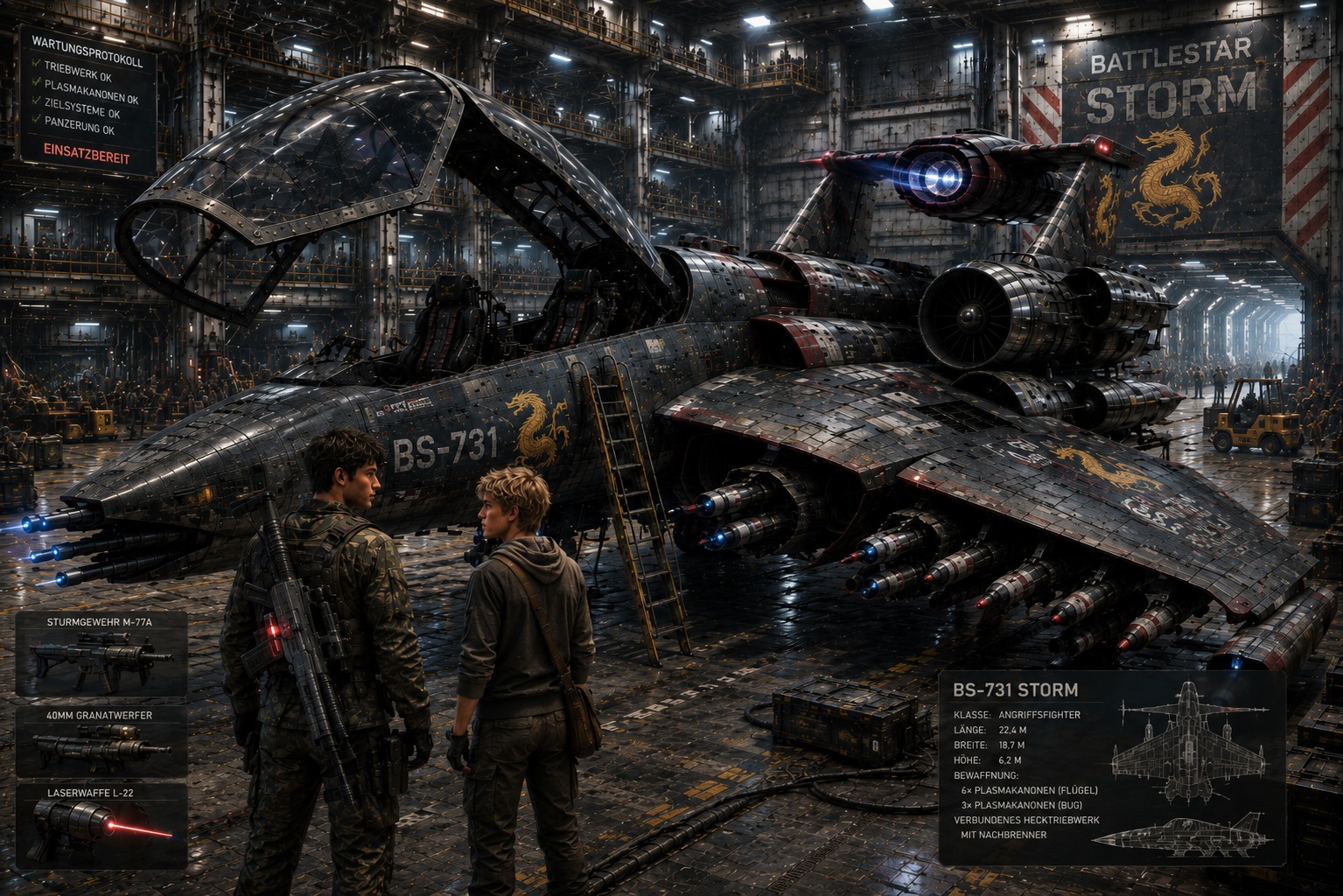 Fighter der Battlestar Storm im Hangar